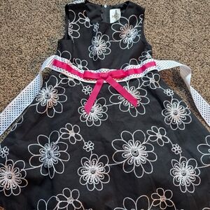 Rare Editions Black Dress with White Floral Embroidery and Pink Ribbon